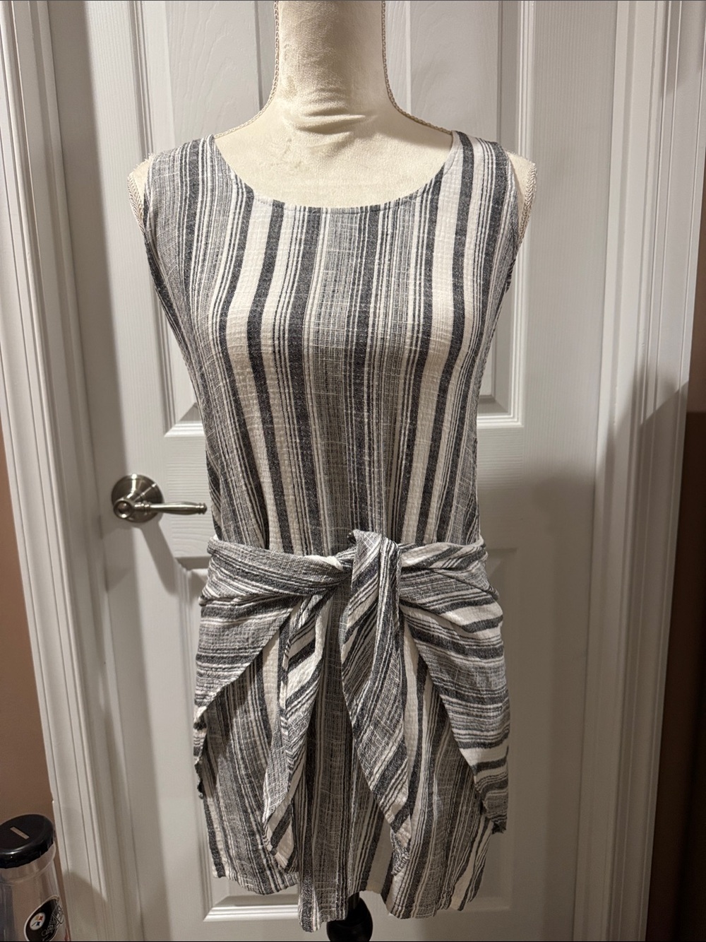 DREW Grey & White Striped Tie-Waist Mini Dress